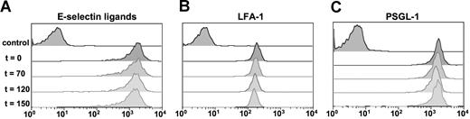 Figure 7. Effects of TNF-α and IVIG on adhesion molecule expression on Gr-1 + leukocytes by flow cytometric analyses. Blood from sickle cell mice was harvested at baseline, 70 minutes after TNF-α (IVIG not yet administered); 120 minutes after TNF-α (30 minutes after IVIG infusion); and 150 minutes after TNF-α (60 minutes after IVIG infusion). (A) E-selectin binding. ESLs were detected using a chimeric E-selectin–IgM recombinant protein. Control sample was incubated in the presence of 10 mM EDTA. (B) LFA-1 and (C) PSGL-1 expression. Controls were stained with isotype-matched IgG.