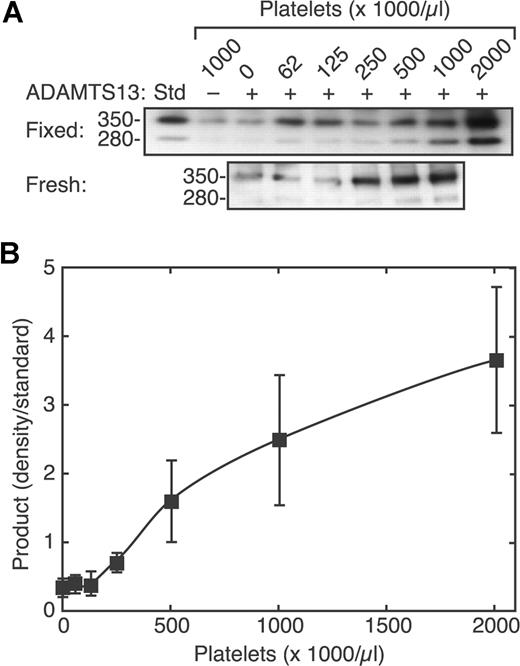 Figure 3. Sigmoidal dependence of VWF cleavage on platelet count. Reactions containing VWF (30 μg/mL), without (−) or with (+) ADAMTS13 (2.5 U/mL), and various concentrations of platelets were exposed to fluid shear stress (50 dyne/cm2, 3 minutes) and analyzed by SDS-PAGE and Western blotting. (A) Examples of platelet dose response results with formalin-fixed platelets (top) and fresh washed platelets (bottom). (B) Data with fixed platelets were combined by normalizing the density of the 350-kDa product band to the density of a cleavage product standard (Std). Error bars indicate SE (n = 9).