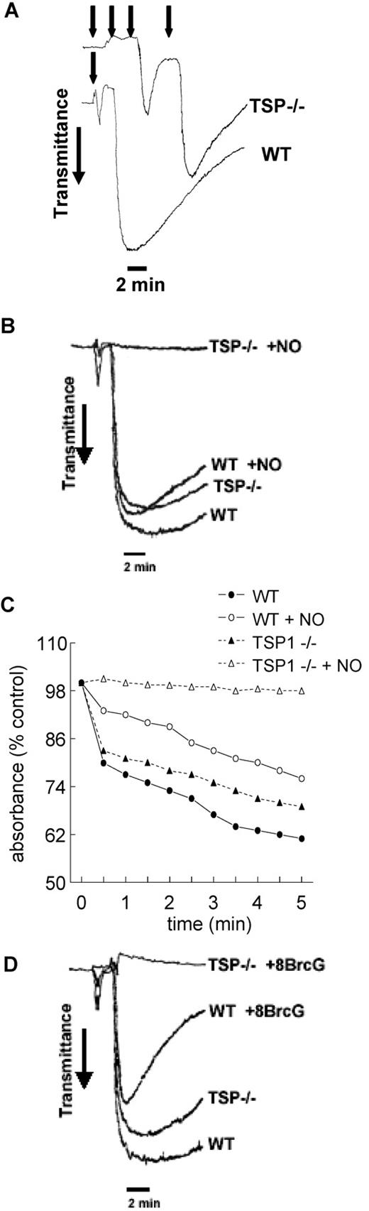 Figure 3. Endogenous TSP1 is necessary for platelet aggregation in the presence of NO. Equal numbers of murine C57BL/6 WT and TSP1-null platelets were incubated under standard high shear (A,B) or static aggregation (C) conditions. Aggregation profiles were determined in the presence of a titrated dose of thrombin (0.1 U/mL added at time points indicated by arrows, A) or a fixed thrombin dose (0.2 U/mL, B,C) plus or minus DEA/NO (10 μM). Alternatively, equal numbers of WT and TSP1-null platelets were treated with a fixed dose of thrombin (0.2 U/mL) and 8-Br-cGMP (10 μM) under high shear conditions and aggregation was determined (D). Data presented are representative of at least 3 experiments.