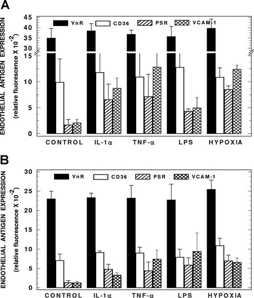 Figure 5. Surface expression of PSR protein and other adhesion markers on human microendothelial cells: analysis by fluorescence ELISA. (A) Expression of PSR protein on intact HLMECs. Human lung microendothelial cells were subjected to activation for 6 hours with IL-1α (10 ng/mL), TNF-α (10 ng/mL), or LPS (100 ng/mL), or for 24 hours with hypoxia, and then assessed for surface PSR using an ELISA-based assay. Expression profiles of VCAM-1, CD36, and the vitronectin receptor (VnR) in response to endothelial activation are also shown. Values presented are the mean plus or minus SD from 4 to 6 experiments. (B) Expression of PSR protein on intact HRCECs. Human retinal capillary endothelial cells were subjected to activation for 6 hours with IL-1α (10 ng/mL), TNF-α (10 ng/mL), or LPS (100 ng/mL), or for 24 hours with hypoxia, and then assessed for surface PSR using an ELISA-based assay. Expression profiles of VCAM-1, CD36, and the vitronectin receptor (VnR) in response to endothelial activation are also shown. Values presented are the mean plus or minus SD from 3 experiments.