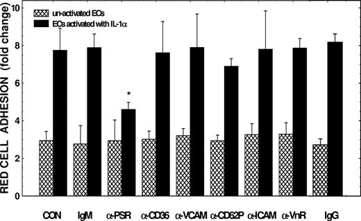 Figure 6. Effects of antibodies against PSR and other endothelial adhesion markers on PS-positive erythrocyte adhesion to human lung microendothelial cells. Following incubation of endothelial cells for 6 hours in the presence or absence of IL-1α (10 ng/mL), cell monolayers were pretreated with antibodies against desired adhesion molecule at 40 μg/mL, or an equivalent amount of an isotype-matched negative control immunoglobulin (IgG or IgM) for 45 minutes. The monolayers were then tested for their adhesive potential using PS-positive red cells with 15% PS positivity prepared by treating control erythrocytes with A23187. These adhesion assays were performed using red cells at 10% hematocrit in the absence of plasma and plasma-associated soluble adhesion ligands. Results presented are the mean (± SD) from 3 to 7 experiments. Adhesion of test red cells to test endothelium was presented as fold change compared with adhesion of PS-negative red cells to unactivated endothelial cells. *Values significantly different from the respective medium control or the IgM control at P < .01. Please note that to test CD62P or P-selectin–mediated adhesion, endothelial cells were subjected to activation with A23187 for 30 minutes, pretreated with anti-CD62P for 45 minutes, and then assessed for their adhesinogenic potential with PS-positive erythrocytes (see legend to Table 1 and “Results” for additional details).