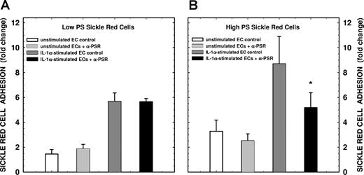 Figure 7. Effects of rabbit polyclonal antibody against PSR on sickle erythrocyte adhesion to human lung microendothelial cells. Following incubation of endothelial cells for 6 hours in the presence or absence of IL-1α (10 ng/mL), cell monolayers were pretreated with rabbit polyclonal antibody against PSR (at 20 μg/mL) for 30 minutes. The monolayers were then tested for their adhesive potential using red cells from patients with sickle cell disease (HbSS genotype). Adhesion assays were performed using red cells at 10% hematocrit in the absence of plasma and plasma-associated soluble adhesion ligands. Panels A and B represent adhesion of HbSS erythrocytes with low PS positivity (1.0% ± 0.8% positivity) and high PS positivity (7.0% ± 2.8% positivity), respectively. Results presented are the mean (± SD) from 4 (A) or 5 (B) experiments. Adhesion of sickle red cells to test endothelium was presented as fold change compared with adhesion of control red cells to unactivated endothelial cells. *P = .05 compared with the IL-1α control.