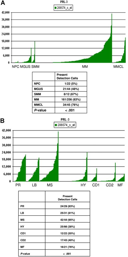 Figure 3. PRL-3 gene expression in normal PCs, MM cell lines, and PCs from patients with MGUS, SMM, and MM. (A) PRL-3 gene expression in PCs from 22 control subjects with normal BM, 44 patients with MGUS, 12 patients with SMM, 256 patients with MM, and in 45 myeloma cell lines. The Affymetrix signal, a quantitative measure of gene expression, is indicated on the y-axis. The level of expression of PRL-3 in each sample is indicated by the height of the bar. Samples are ordered from the lowest to highest level of expression of the PRL-3 gene, from left to the right on the x-axis. The table shows the results of the chi-square test by comparison of the Affymetrix Detection signal among the groups. The numbers in boxes above panels A and B indicate the Affymetrix annotation number of the PRL-3 gene. (B) PRL-3 gene expression in MM subgroups. The correlation of the Affymetrix signal (expression level: vertical axis) of PRL-3 with 7 myeloma subgroups from the 256 cases is shown on the top panel. The expression levels for PRL-3 are proportional to the height of each bar (representing a single patient sample). PRL-3 was significantly overexpressed in the proliferation (PR), MMSET/FGFR3, and low-bone disease (LB) groups. The table in the bottom panel shows the chi-square test for Affymetrix detection of PRL-3 among the 7 subgroups.