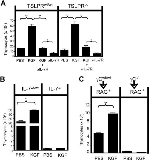 Figure 1. TSLP is not necessary or sufficient to mediate the thymopoietic effects of KGF. All KGF-treated mice received 5 mg/kg KGF or PBS (intraperitoneally) on days 0, +2, and +4, and thymic cellularity +21 days after KGF therapy was initiated is shown. Values represent mean (±SEM). (A) Where indicated, 1 mg IL7Rα blocking antibody (A7R34) was given intraperitoneally on days −3, −1, +1, +3, and +5 (n=5-8 per group). (B) IL7−/− mice and littermate, age-matched controls (n=5 per group). (C) Rag1−/− mice were lethally irradiated (10 gy) and given 107 bone marrow cells intravenously from γc−/− or wild type mice (n = 3-5 per group). * indicates P < .01 and **, P < .001.