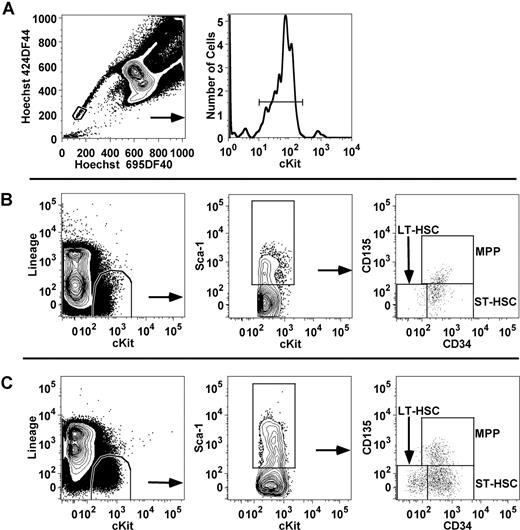 Figure 1. Determining the frequencies of hematopoietic precursors in BALB and B6. The BMCs from old and young, DR- and AL-fed BALB mice were analyzed by 2 different flow criteria. (A) The gates used in the SP + Kit criterion, first gating for the Hoechst double low fluorescence side population,37,38,44,45 and then for c-kit+. (B) The series of gates (lin−, c-Kit+, Sca-1−, CD34±, CD135±) used in the mKSL criterion35 to determine LT-HSC, ST-HSC, and MPP subpopulations. (C) How the same mKSL criterion was used on B6 mice to determine the numbers of precursors.