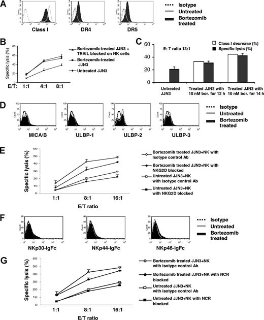 Figure 7. Enhanced NK-cell cytotoxicity against bortezomib-treated JJN3 correlates with down-regulation of class I, rather than interactions between MM cells and NK-cell receptors not belonging to the KIR family. (A) After exposure to bortezomib (10 nM) for 14 hours, HLA class I was down-regulated, and DR4 and DR5 were up-regulated. (B) Increased NK-cell killing was not abolished by blocking TRAIL on NK cells. JJN3 was exposed to 10 nM bortezomib for 14 hours. 51Cr labeled JJN3 was incubated at 37°C with NK cells at different ratios. The supernatants were collected after 4 hours and analyzed by gamma count. (C) Augmented NK-cell cytotoxicity correlated with decreased class I. JJN3 exposed to 10 nM bortezomib for 12 hours and 14 hours were used as targets in a 4-hour 51Cr release assay. (D) Bortezomib did not affect expression of NKG2D ligands, such as MICA/B, ULBP-1, -2, and -3 on JJN3. (E) Blocking of NKG2D on effectors did not have a major effect on the increased NK-cell killing of bortezomib-treated JJN3. JJN3 cells were treated with 10 nM bortezomib for 20 hours. (F) There was no significant up-regulated expression of NCR ligands on JJN3 after treatment. (G) Blocking of NCRs on NK cells did not have a major effect on the enhanced NK-cell lysis of bortezomib-treated JJN3. JJN3 was exposed to 10 nM bortezomib for 20 hours. Data were reported as mean (± SD) for panels B,C,E, and G.