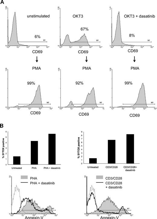 Figure 3. Stimulation bypassing the TCR complex can overcome the effects of SFK inhibition. (A) PBMCs were stimulated with OKT3 in the presence or absence of 10 nM dasatinib for 20 hours, and a portion were analyzed by flow cytometry for CD69 (top row). The same groups were then stimulated with PMA (50 ng/mL) for an additional 20 hours and T cells analyzed again for CD69 expression (bottom row). (B) PBMCs were stimulated with PHA or CD3/CD28 beads for 72 hours and then stained with SYTOX green and annexin V and analyzed by flow cytometry.
