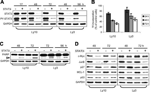 Figure 7. RNAi-mediated STAT3 knockdown in ABC-DLBCL cells also triggered cell-cycle arrest and apoptosis. (A) STAT3 siRNA (STAT3i, +) and control (−) oligos were transiently transfected into Ly3 and Ly10 cells. At the indicated time points after transfection, total STAT3 and PY-STAT3 expression was examined by Western blot analysis. (B) Proliferation of STAT3i-transfected Ly3 and Ly10 cells was measured by 3H-thymdine incorporation assays. The amount of radioactivity recovered from STAT3i-transfected cells was normalized to that from the control cells defined as 100%. Represented in the graph are the mean plus or minus standard derivation of 3 independent STAT3 siRNA experiments. (C) Western blot showing increased PARP cleavage (▷) and, thus, activation of caspase 3/7 in STAT3i-transfected cells. (D) Western blot analysis demonstrating alterations in selected cell cycle and survival regulators following STAT3 knockdown. Vertical lines have been inserted to indicate a repositioned gel lane.