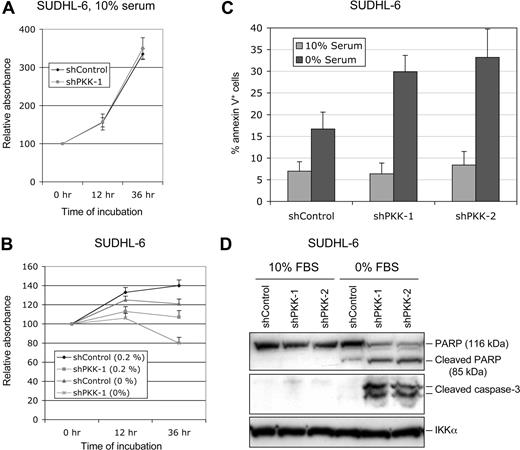 Figure 4. Effect of PKK knockdown on survival of SUDHL-6 cells. (A) SUDHL-6 cells stably expressing shControl or shPKK-1 were cultured in the medium containing 10% serum. The live cells were measured by the MTT assay. The results were normalized to the absorbance readings at the time the cells were plated (0 hour). Mean results and SDs from 3 experiments are shown. (B) The SUDHL-6 cells stably expressing shControl or shPKK-1 were cultured in the medium containing the indicated concentrations of serum. The relative live cells were analyzed as described in panel A at the indicated times. (C) SUDHL-6 cells stably expressing shControl or sh-PKK-1 were cultured in the medium containing 0% or 10% serum for 24 hours. The annexin V–positive cells (dying or dead) were analyzed as described in “Cell viability and apoptosis assays.” The data represent the mean results of 3 independent experiments. (D) The shRNA-expressing SUDHL-6 cells were cultured in the medium containing 0% or 10% serum for 24 hours. The cleavage of PARP and caspase 3 was analyzed on Western blots. The analysis of IKKα was used as the equal loading control.