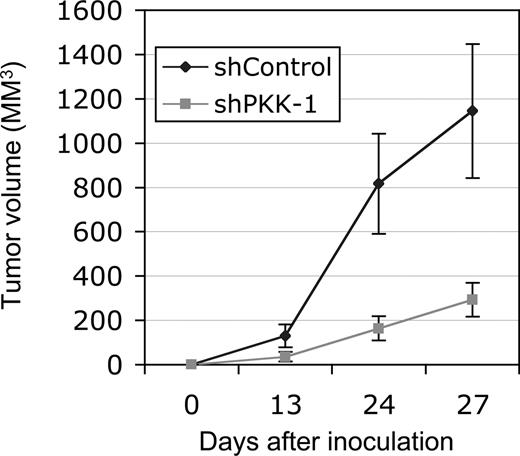 Figure 5. Suppression of PKK expression inhibits tumor growth of xenografted OCI-Ly7 cells in NOD/SCID mice. OCI-Ly7 cells expressing shControl or shPKK-1 were injected subcutaneously into NOD/SCID mice (n = 4, each). The tumor volumes were measured at the indicated times. The average tumor volumes from 4 injected mice were shown. The tumors from cells expressing shControl are significantly larger than those from the cells expressing shPKK-1 (P < .01 at day 27 after implantation).