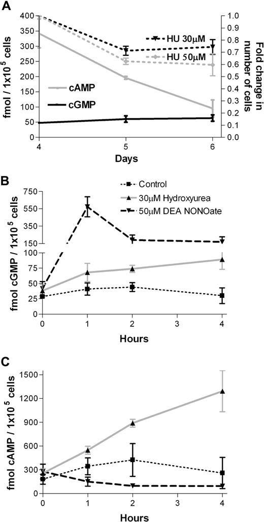 Figure 3. Intracellular cGMP and cAMP levels in human erythroid progenitor cells. (A) Intracellular cGMP and cAMP levels in erythroid progenitor cells (left y-axis). Hydroxyurea (HU) dose-dependently inhibits erythroid cells growth after 24 and 48 hours of incubation (right y-axis). (B) Hydroxyurea (30 μM) and DEANONOate (50 μM) increased cGMP levels during 4 hours of incubation of human erythroid progenitor cells at day 4 of phase II liquid culture. (C) Hydroxyurea (30 μM) and DEANONOate (50 μM) increases and inhibits, respectively, cAMP levels during 4 hours of incubation of human erythroid progenitor cells at day 4 of phase II liquid culture (n = 3). Values are means (± SEM).