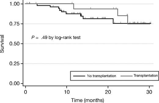 Figure 2. Event-free survival by transplantation status. The response analysis is based on the intent-to-treat population, and includes data from the 3 patients who withdrew from treatment before completing the first cycle of therapy (2 patients withdrew consent for personal reasons, 1 because of early toxicity–cytopenia). The median event-free survival times have not been reached for the transplantation or nontransplantation groups, with an actuarial 2-year event-free survival of 85.2% and 75.2%.