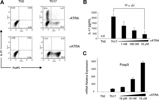 Figure 2. ATRA inhibits Th17 polarization and promotes FoxP3 expression. (A) CD4+ T cells isolated by MACS beads from OTII TCR transgenic mice were incubated with isolated CD11c+ cells pulsed with 1 μg OVA peptide and cultured for 3 days under neutral or Th17-favoring (IL-6, TGF-β1, anti–IFN-γ, and anti–IL-4) conditions with or without 1 μM ATRA. The figure depicts intracellular staining for IL-17 production and FoxP3 expression, and it is representative of 2 independent experiments. Numbers on plots are percentages of total cells. (B,C) Polyclonal CD4+CD62L+CD25−CD44− cells isolated by flow cytometry were stimulated for 3 days with anti-CD3 and anti-CD28 under neutral or Th17-favoring conditions with or without ATRA. (B) Average IL-17 concentration in supernatants from 3 independent experiments as measured by ELISA. The P value was determined by a 2-tailed paired t test; a single asterisk denotes significance (P < .05). (C) FoxP3 expression normalized to β-actin levels and relative to Th-neutral conditions without ATRA; error bars represent standard deviation (n = 3); the data are representative of 2 independent experiments.