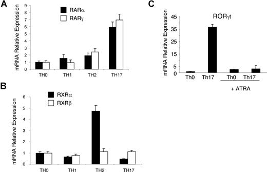 Figure 3. Th17 cells express high levels of RARα, RARγ, and RORγt mRNA. (A,B) CD4+CD62L+ cells isolated by MACS were polyclonally stimulated for 3 days under Th-neutral, Th1, Th2, or Th17 conditions. Relative expression of RAR and RXR receptors was analyzed by quantitative RT-PCR. Expression is normalized to β-actin levels under Th-neutral conditions, and error bars represent standard deviation (n = 3). Detected RAR and RXR receptors are shown (RAR-β and RXR-γ were not present). (C) Naive CD4+ T cells were polyclonally stimulated for 3 days under Th-neutral or Th17 conditions in the presence or absence of 1 μM ATRA. Relative expression of RORγt mRNA was analyzed by quantitative RT-PCR. Expression is normalized to β-actin levels and relative to Th-neutral conditions; error bars represent standard deviation (n = 3). The inhibition of RORγt mRNA was confirmed in 3 independent experiments.