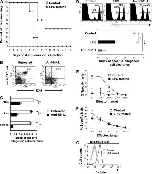 Figure 2. Reduced antiviral response and impaired NK-cell function associated with reduced ζ-chain expression in LPS-treated mice. (A) Mice were infected by intranasal inoculation with an LD50 dose of influenza virus (A/PR/8/34) 2 days before the third LPS treatment and monitored daily for mortality. The figure shows a representative survival curve, of 2 independent experiments performed, of control and LPS-treated mice after infection with influenza virus (n = 10). (B) Splenocytes from untreated and anti-NK1.1-treated mice (NK1.1-depleted mice) were stained for DX-5 and NK1.1 markers and analyzed by FACS. (C) In vivo cytotoxicity assay of CFSE-labeled allogeneic splenocytes was performed as described in “Cytotoxicity assays.” CFSE-labeled allogeneic (CFSElow) and syngeneic (CFSEhigh) cells were injected to untreated and NK1.1-depleted naive mice. After 24 hours, PBLs, lymph nodes (LNs), and splenocytes were analyzed to determine the ratio between allogeneic and syngeneic cells and the index of specific allogeneic cell clearance was calculated as described in “Cytotoxicity assays.” The mean value of 3 independent experiments with standard deviations is shown.* P < .005 (Student t test). (D) Representative plot of CFSE-labeled allogeneic (CFSElow) and syngeneic (CFSEhigh) cells within the spleen of control, LPS-treated or anti-NK1.1–treated mice 24 hours after administration (top panel). In the bottom panel, the results of 3 independent experiments are presented as the mean value plus or minus standard deviations (bottom panel). *P < .005 (Student t test). (E) Splenocytes were harvested from control and LPS-treated mice and subjected to in vitro NK-cytotoxicity assay with YAC-1 target cells in different effector to target ratios. Percentage of specific lysis was calculated as described in “Cytotoxicity assays.” *P < .01; **P < .001 (Student t test). (F) Before harvesting (24 hours), control and LPS-treated mice were injected intraperitoneally with poly (I:C); splenocytes were then harvested and subjected to in vitro NK-cytotoxicity assay as in E. (G) Total ζ-chain expression in splenic NK1.1+CD3− cells from LPS-treated and control C57BL/6 mice.