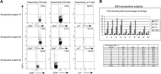 Figure 3. Comparison of fractions of T cells and NK (CD56+) cells from healthy EBV-seropositive patients who respond to autologous LCL. (A) Dotplot depiction of IFNγ-producing cells after application of gates on CD8+, CD4+, and γ-δ TCR+ cells. The percentages in the right upper quadrants indicate the fraction of the cell type that produced IFNγ. (B) Larger fractions of circulating γ-δ T cells, and NK cells than those of circulating CD8+ and CD4+ T cells respond to autologous LCL in healthy EBV-seropositive patients.