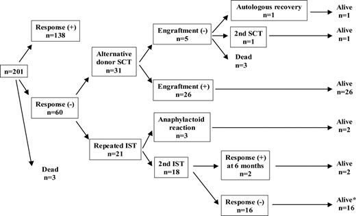 Figure 1. Overall outcome of 201 patients assigned to second-line therapy. *Among 16 patients who failed to respond to second IST, 8 patients received SCT and were alive. Four of the remaining 8 patients attained a late hematologic response and were alive. The other 4 patients were alive without response.