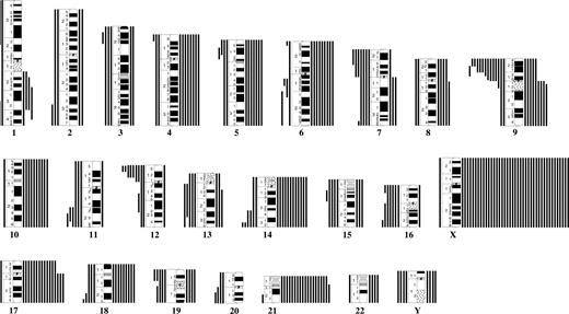 Figure 2. Map of karyotypic imbalances in 109 cytogenetically abnormal Down syndrome–acute lymphoblastic leukemias. Gains are indicated to the right and losses to the left of each chromosome.