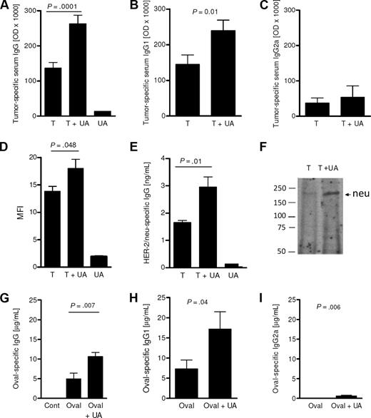 Figure 2. UA signals for enhanced tumor-specific IgG1 antibodies. (A) The tumor-specific antibody concentration in the serum 14 days after 2 injections of dying tumor cells alone (T), tumor cells with UA (T + UA) or with UA alone (UA). Each bar represents the mean (± SEM) of 12 replicates calculated from the optical densities (× 1000) in the ELISA assay. Similar to panel A, panels B and C show the levels of IgG1 and IgG2a, respectively. Each mean (± SEM) is calculated from 2 to 7 replicates. (D) The mean fluorescent intensity (MFI) of tumor cells stained with IgG from sera of animals. Each bar represents the mean (± SEM) of 3 replicates; *P = .05. (E) Rat neu-specific IgG levels in animals treated as determined by capture sandwich ELISA. Each bar is the mean (± SEM) of 3 determinations. (F) Western immunoblot analysis of rat neu immunoprecipitated with sera. Numbers shown are the position of the molecular weight markers (KDa). (G-I) The serum levels of total IgG (F), IgG1 (G), and IgG2a (H) specific for ovalbumin from control mice (Cont), ovalbumin-immunized (Oval), or OVAL/UA-immunized (Oval + UA) mice (n = 5-7). The levels of IgG and IgG1 obtained following ovalbumin immunization were not significantly different (P > .05).