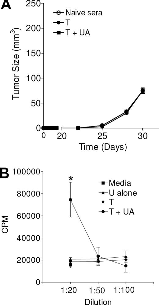 Figure 5. UA may induce growth-promoting antibodies. (A) In vivo tumor growth of MMC tumor cells following intratumoral injection (day 0) of sera from naive animals or from animals from either pretreated with irradiated tumor with (T + UA) or without (T) uric acid. Calculated from 3 separate tumors for each data point. Curves overlap. (B) The thymidine incorporation in live MMC tumor cells exposed to media (■) or various concentrations of serum from animals treated with UA alone (U alone, ▴), irradiated tumor alone (T, ♦), or with UA (T + UA, •). Each determination represents the mean (± SEM) of 3 determinations; *P = .01.