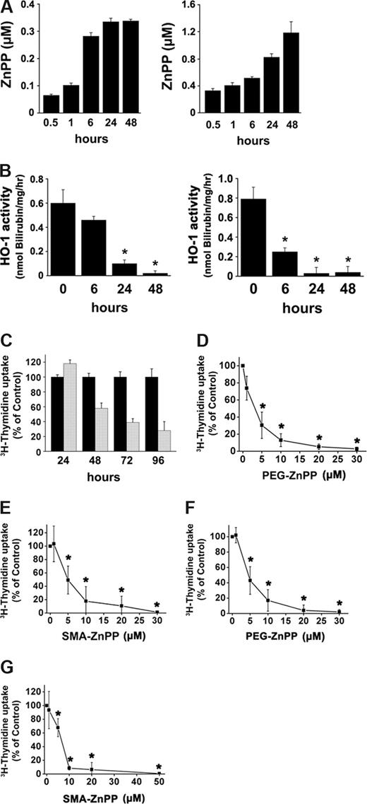 Figure 2. Pharmacologic inhibition of HO-1 suppresses growth of CML cell. (A,B) K562 cells were treated with PEG-ZnPP (left panel) or SMA-ZnPP (right panel) (5 μM each) for various time periods as indicated. Thereafter, cellular uptake of the compounds expressed as μM ZnPP incorporated in 106 input cells (A), and the HO-1 activity in treated cells (B) were determined as described in “Methods.” HO-1 activity is expressed as nanomoles of bilirubin formed per milligram of protein per hour (nmol Bilirubin/mg/hr). Results represent the mean (± SD) of 3 independent experiments. *P < .05 compared with untreated cells (timepoint 0). (C) Time-dependent inhibition of growth of K562 cells by SMA-ZnPP. K562 cells were incubated with SMA-ZnPP (10 μM; gray bars) or control medium (black bars) at 37°C for various time periods as indicated. Proliferation was measured by 3H-thymidine incorporation. Results are expressed as percent of medium control and represent the mean (± SD) of triplicates of one representative experiment. (D-G) K562 cells (D,E) or KU812 cells (F, G) were incubated with various concentrations of PEG-ZnPP (D,F) or SMA-ZnPP (E, G) as indicated for 48 hours. After incubation, growth of cells was determined by 3H-thymidine incorporation. Results represent the mean (± SD) of 3 independent experiments. *P < .05 compared with control.