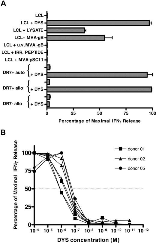 Figure 3. DYS-specific CD4+ T-cell clones recognize peptide derived from processed gB protein. (A) DYS-specific CD4+ T-cell clones were stimulated with HLA-DRB*0701–positive LCL pulsed with DYS peptide, irrelevant peptide, or CMV lysate, or following infection with MVA-gB, MVA-pSC11 (empty vector), or ultraviolet-irradiated MVA-gB. Antigen-specific responses were determined by IFN-γ ELISA and expressed as the percentage of maximal IFN-γ release from peptide-loaded targets. To confirm the HLA restriction of the DYS-specific T-cell response, autologous or allogeneic (HLA-DRB*0701–positive or HLA-DRB*0701–negative) LCL targets were pulsed with DYS peptide before incubation with DYS-specific T-cell clones. Recognition is expressed as the percentage of maximal IFN-γ release from DYS peptide–loaded autologous targets. (B) Functional avidity of DYS peptide–specific clones. LCLs were pulsed with variable concentrations of DYS peptide before incubation with DYS-specific T-cell clones. Results are expressed as the percentage of maximal IFN-γ release, and functional avidity was correlated with concentration of peptide required to produce 50% maximal response (broken line). Peptide titrations of six clones from 3 different donors are shown.