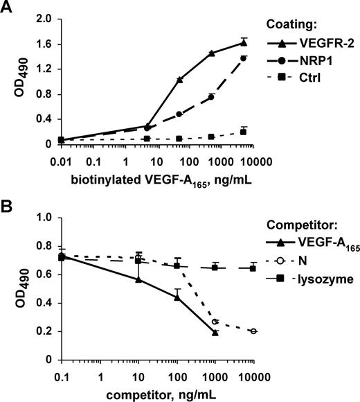 Figure 2. The HGF N-terminal domain competes with VEGF-A165 for binding to NRP1. (A) Solid-phase receptor assay analysis of the binding of biotinylated VEGF-A165 to VEGFR-2/Fc, and NRP1/Fc immobilized via the Fc moieties on plates coated with anti-Fc IgG. Bound VEGF-A165 was detected by peroxidase-conjugated streptavidin staining. (B) Microtiter plates coated with NRP1/Fc were incubated with biotinylated VEGF-A165 in the presence of various concentrations of N, nonmodified VEGF-A165, or lysozyme. Values are means plus or minus SD of 3 independent experiments.