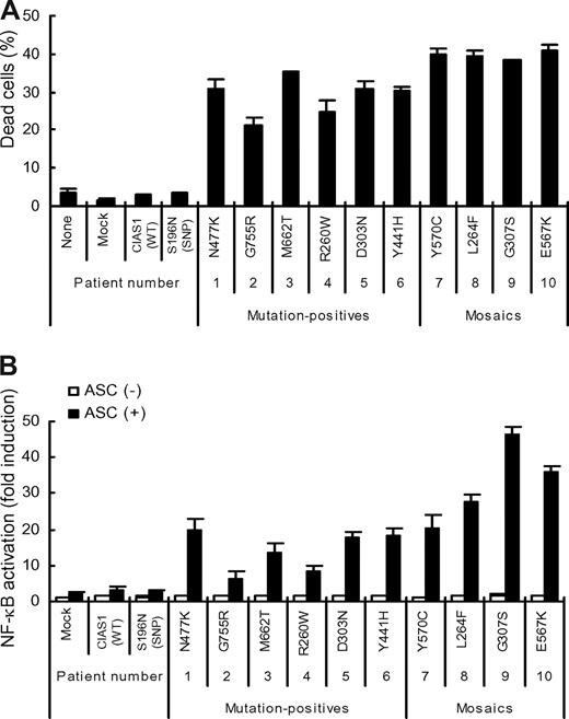 Figure 7. Effect of CIAS1 mutation on the induction of cell death and ASC-dependent NF-κB activation. (A) 106 THP-1 cells were transfected with 0.5 μg of an expression vector for GFP-tagged CIAS1 wild-type (WT), CIAS1 SNP S196N, or one of the disease-associated mutants of CIAS1 (R260W, L264F, D303N, G307S, Y441H, N477K, E567K, Y570C, M662T, and G755R), and incubated with PMA (10 ng/mL) for 4 hours. The percentage of dead cells (7-AAD-positive) among the population of GFP-positive cells is shown. Data represent the means (± SD) of triplicate determinations, and are representative of 3 independent experiments. (B) HEK293FT cells were transfected with 16 ng of an expression vector for CIAS1, or one of its mutants, in the presence or absence of 16 ng of an expression vector for ASC. The induction of NF-κB is shown as fold-change compared with cells that were transfected with a control vector without ASC (set equal to one). Values are the means (± SD) of triplicate determinations, and data are representative of 2 independent experiments.