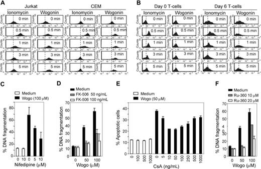 Figure 3. Ca2+ is involved in Wogonin-induced apoptosis. (A,B) Wogonin mobilizes intracellular Ca2+ in malignant but not in normal T cells. Jurkat, CEM, naive (day 0), and effector (day 6) normal T cells were treated in PBS with either 0.5 μM ionomycin or 50 μM Wogonin as indicated. The intracellular Ca2+ release was monitored by FACS. Results are representative of 3 independent experiments. (C) The Ca2+ influx antagonist Nifedipine prevents Wogonin-induced apoptosis. CEM cells were treated with 100 μM Wogonin in the presence or absence of different amounts of nifedipine (added 2 hours before Wogonin treatment) for 24 hours. Apoptotic cell death was analyzed by FACS for DNA fragmentation. Results are representative of 3 independent experiments in triplicate measurements. (D) The calcineurin inhibitor FK506 inhibits Wogonin-induced apoptosis. CEM cells were treated with 50 to 100 μM Wogonin in the presence or absence of different amounts of FK506 (added 2 hours before Wogonin treatment) for 24 hours. Apoptotic cell death was analyzed by FACS for DNA fragmentation. Results are representative of 2 independent experiments in triplicate measurements. (E) CEM cells were treated with 50 μM Wogonin in the presence or absence of different concentrations of CsA (preincubated for 2 hours before Wogonin treatment) for 24 hours. Apoptotic cell death was analyzed by a decrease in FSC/SSC. Results are representative of 3 independent experiments. (F) Effects of the mitochondrial uniporter antagonist RU-360 on Wogonin-induced apoptosis. CEM cells were treated with Wogonin in the presence or absence of RU-306 for 24 hours. Apoptotic cell death was analyzed by FACS for DNA fragmentation. Error bars represent SD.