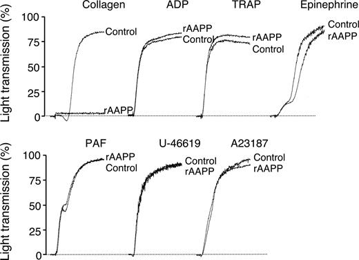 Figure 2. AAPP specifically inhibits collagen-induced platelet aggregation. PRP were incubated with 1000 nM rAAPP for 2 minutes followed by the addition of various platelet aggregation agonists, collagen (1.5 μg/mL), ADP (8 μM), TRAP (30 μM), epinephrine (0.5 μg/mL), PAF (0.125 μg/mL), U46619 (1 μM), and A23187 (20 μM). Tracings are representative results of a typical experiment.