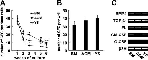 Figure 6. Embryonic mesenchymal progenitor cells (MPCs) support long-term hematopoiesis in vitro. To determine whether embryonic MPCs are able to regulate hematopoiesis, weekly colony-forming cell (CFC) assay is carried out on the nonadherent fraction collected from the cocultures over 6 weeks. Statistical analysis of one representative from 3 independent experiments shows that the CFC frequencies in the AGM-MSC group exceed that of BM-MSCs at multiple time points (A). Furthermore, the LTC-IC assay using bulk culture is carried out 3 times. After 7-week incubation, the total CFCs in individual wells including the adherent layers are quantified. As shown in panel B, there are 37.5 (± 5.9) CFCs in the cultures with AGM-MSCs, resembling those with BM-MSCs (32 ± 3.4, P > .05). (C) RT-PCR assay shows that embryonic MPCs express a set of early-acting hematopoietic cytokines, including BMP4, TGF-β1, and FL, and all lineage-specific cytokine GM-CSFs (except G-CSF). The results are expressed as means (± SEM). Significance was determined using the Student t test: *P < .05; **P < .01, compared with the data of BM control.