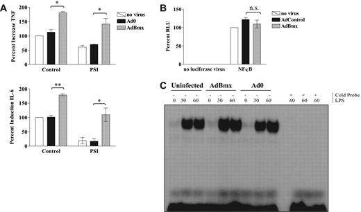Figure 4. Bmx does not signal upstream of NF-κB. Macrophages were infected for 2 hours with adenoviruses overexpressing wild-type Bmx or control adenovirus Ad0 in serum-free medium. For luciferase assays, cells were subjected to a second round of infections with NF-κB consensus luciferase adenovirus (AdNFκB-luc) before stimulation. Cells were stimulated with 10 ng/mL LPS for 18 hours for ELISA, 4 hours for luciferase reporter gene assays, and 0.5 and 1 hour for EMSA. (A) Uninfected, Ad0-infected, and AdBmx-infected macrophages were left untreated or preincubated with PSI (1 μM) and TNF and IL-6 production assessed by ELISA. Values (mean ± SEM) are presented as percent compared with LPS-treated uninfected controls (100%; *P< .05; **P< .01). (B) Relative luciferase units (RLU) for uninfected, Ad0-infected, and AdBmx-infected cells in the absence (left hand panel) or presence (right hand panel) of AdNFκB-luc after 4 hours of LPS stimulation are shown as mean (± SEM) for 4 separate donors normalized to LPS only controls. n.s, not significant. (C) Nuclear extracts were collected as described in “Electrophoretic mobility shift assays” and assayed for NF-κB DNA binding by EMSA. Statistical significance was assessed by Student ttest.