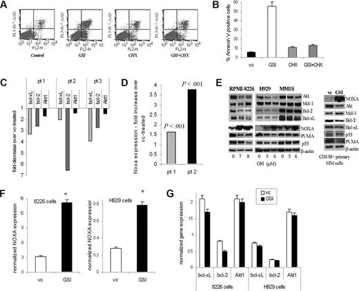 Figure 5. Downstream targets of GSI in MM cells. (A,B) Pretreatment with cycloheximide (CHX) abrogates the effect of GSI on MM cells. H929 cells were pretreated with 0.5 μg/mL CHX for 2 hours followed by treatment with 5 μM GSI for 24 hours. Apoptosis was measured by flow cytometry using annexin V/7-AAD staining as described in “Flow cytometry.” A typical flow cytometry dot-plot picture (A) and cumulative results from 3 experiments (B) are shown. (C,D) Primary CD138+ MM cells were treated in triplicate with GSI or DMSO (vehicle control, vc) for 18 hours. Cells were then collected and RNA was extracted. Expression of indicated genes was evaluated by real-time PCR and normalized to the expression of housekeeping gene 18S. Data are presented as a fold change in GSI treated cells compared with vehicle control-treated cells. In panel C, P < .05 for all genes evaluated. In panel D, actual P values are shown. (E) MM cell lines and primary MM cells were treated with GSI for 24 hours. After that time, cells were collected and the levels of indicated proteins were determined by Western blotting. As a loading control, membranes were reprobed with antibody against β-actin. MM1S cells were treated with 3 different GSI concentrations (4, 5, and 6 μM), and then all of them or only cells treated with the 2 highest doses were used for Western blotting. A portion of the gel (Akt) where cells were treated with 3 doses was repositioned to keep consistency with the 2 highest GSI concentrations used. The reposition is indicated by the vertical white line. (F,G) MM H929 or 8226 cell lines were treated with GSI or VC for 4 hours. Expression of Bcl-2 family and Akt genes (G) or Noxa (F) was evaluated by real-time PCR and normalized to the expression of endogenous control gene 18S. *Statistically significant difference (P < .05) in 2-tailed t test. Error bars represent SD.