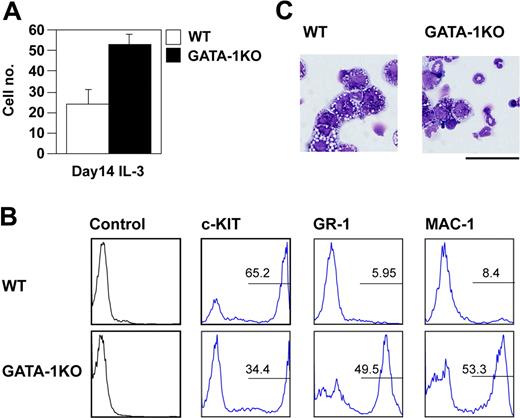 Figure 2. Preferential differentiation of GATA-1-null ES cells into neutrophils. (A) Total number of day 14-induced cells from E14tg2a and GATA-1-null ES cells exposed to IL-3 since day 8. Error bars represent SEM. (B) FACS analysis of day 14-induced cells. The cells were stained with anti-c-KIT, GR-1, and MAC-1 antibodies. Antibody staining and IgG control staining were shown. (C) Giemsa staining of the day 14-induced cells. Bar represents 50 μm.