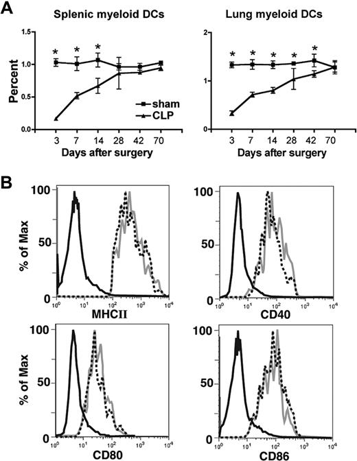 Figure 1. Depletion of tissue mDCs followed by reconstitution after experimental peritonitis. (A) At different time points after CLP procedure, spleen and lung were collected and dispersed. The cells were stained with FITC–anti-CD11c, PerCP-Cy5.5–anti-CD11b and PE–anti-I-Ab. Myeloid dendritic cells (mDCs) were characterized as CD11c+CD11b+MHCIIhi. *P ≤ .05 compared with mDC number observed in spleen or lung from sham mice. Error bars represent SEM. (B) At day 11 after CLP procedure, spleens were collected and dispersed. Expression of CD40, CD80, CD86, and MHCII were investigated on the cell surface of CD11c+CD11b+ mDCs. Black line indicates isotype control; dashed line, sham group; gray line, CLP group.