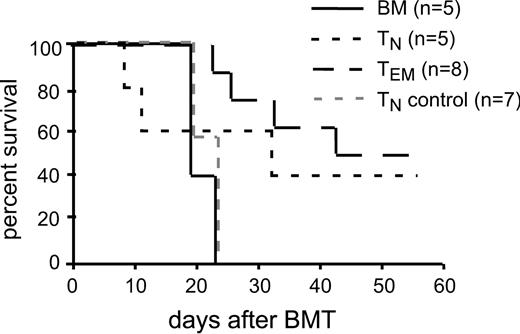 Figure 3. GVL mediated by TEMs was not due to contaminating CD4+ TNs. B6 mice were irradiated and reconstituted with T cell–depleted B6bm12 BM, B6 mCP-CML with no T cells, 5 × 105 TNs, 106 TEMs, or 2 × 103 TNs (TN control indicates the number of TNs contaminating the TEM sorted cells) B6bm12 CD4 cells. Shown are the survival data.
