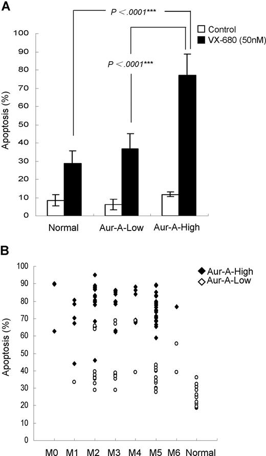Figure 4. VX-680 preferentially induces apoptosis in Aur-A-high leukemia blasts. (A) Primary leukemic blasts of AML patients were treated with VX-680 (50 nM) for 72 hours. The apoptotic cells were measured by annexin V-FITC staining. The VX-680–induced apoptosis was significantly increased in the Aur-A-high AML cells compared with the normal BMMCs (P < .001) or Aur-A-low AML cells (P < .001). (B) Distribution of the apoptosis in the leukemic blasts induced by VX-680 was indicated according to the FAB type. Normal BMMCs included 12 healthy donors.