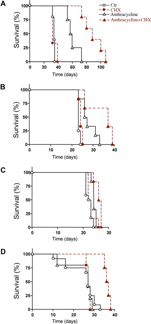 Figure 3. Prolonged survival of AML transplanted animals treated with protein synthesis inhibitor in addition to anthracycline. (A) Survival of IPC-81 transplanted rnu/rnu rats treated with vehicle (○; n = 5), idarubicin (▵; IDA, 3 mg/kg; n = 4), cycloheximide (●; CHX, 1.5 mg/kg; n = 3), or IDA + CHX (▴; n = 5). The IDA + CHX group had median survival time of 88 days compared with 58.5 days for the IDA mono-therapy group (P = .0072). (B) Survival of syngenic BNML-transplanted BN/Rij rats treated with vehicle (○; n = 12), IDA (▵; 1.5 mg/kg; n = 6), CHX (●; 0.8 mg/kg; n = 6), or IDA + CHX (▴; n = 6). The combination of IDA + CHX (mean survival time, 37 days) significantly increased (P = .03) survival over IDA alone (mean survival time, 26.5 days). (C) Survival of BNML rats treated with vehicle (○; n = 12), DNR (▵; 1.5 mg/kg; n = 6), CHX (●; 0.8 mg/kg; n = 6), or DNR + CHX (▴; n = 6). The combination of CHX with DNR increased the median survival from 22.5 to 26 days (P = .0065). (D) Survival of NOD/SCID/B2mnull mice transplanted with NB4 cells and treated with vehicle (○; n = 7), DNR (▵; 0.5 mg/kg; n = 5), CHX (●; 5 mg/kg; n = 5), or DNR + CHX (▴; n = 4). The combination of CHX with DNR increased the median survival from 27 to 36.5 days (P = .0046). For panels A-D: animal models, type and number of cells injected, and schedules are defined under “AML animal models and estimation of the antileukemic efficacy of anthracyclines and CHX in vivo.”
