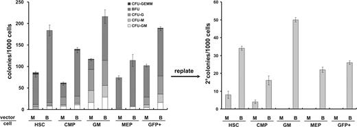 Figure 3. BMI1 promotes self-renewal of progenitors. (A) After transduction of CB CD34+ cells with either control or BMI1 vectors, the cells were sorted into HSC, CMP, MEP, and GM fractions and analyzed for CFC content. Two weeks after the primary plating, colonies were scored on the basis of morphology as CFU-GEMM, BFU-E, CFU-G, CFU-M, or CFU-GM, and secondary replating was performed in new methylcellulose assays. The cells were cultured for additional 2 weeks and colonies were scored.