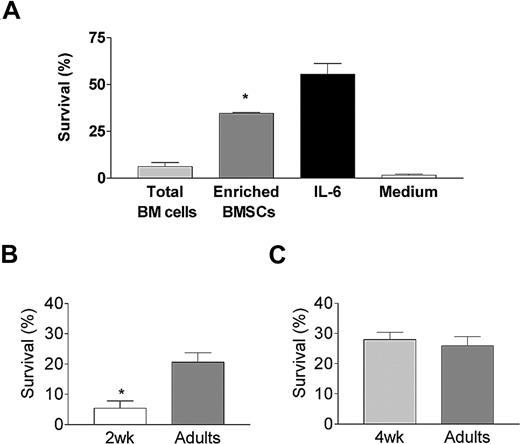 Figure 3. Ontogeny of the BMSC plasmablast-supporting capacity. (A) The capacity of BM cells to support the recovery of TT-specific ASCs was evaluated in coculture experiments. Fresh total BM cells from 5 individual mice were seeded immediately after harvesting into 96-well plates at a density of 5 × 104 cells/well. Enriched BMSCs generated from a pool of 10 10-week-old mice were generated by 5 days of culture as described in “BMSC cultures and plasmoblast survival assay” and reseeded at the same density. TT-specific splenic PBs (5 × 103) purified by anti-CD138 AutoMACS (Miltenyi Biotech, Bergisch Gladbach, Germany) sorting were added 24 hours later. Control wells contained PBs incubated in medium alone or with 10 ng/mL recombinant murine IL-6. TT-specific IgG ASCs were enumerated by ELISpot at the onset and after 48 hours of culture. The proportion of surviving PBs was calculated (recovered TT-specific ASCs/initial TT-specific ASCs × 100) and expressed as the mean (± SD) of 6 independent cultures. *P < .05 versus coculture of PB with adult total BM cells. (B) Similar experiments were performed with enriched BMSCs generated from a pool of fifteen 2- or 10-week-old (control) mice. Results are expressed as the mean (± SD) of 6 independent cultures per age group. One representative experiment of 3 is shown. *P < .05 versus adult enriched BMSCs. (C) Similar experiments were performed with enriched BMSCs generated from a pool of fifteen 4- or 10-week-old (control) mice. Results are expressed as the mean (± SD) of 6 independent cultures per age group. One representative experiment of 3 is shown. Error bars represent SD.