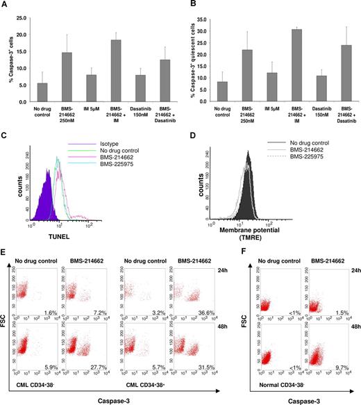 Figure 4. Assessment of apoptosis in total CML cells and the quiescent fraction by measurement of caspase-3 activity (n = 4). Percentage of (A) total and (B) quiescent (CD34+ CFSEmax) caspase-3+ CML cells in the different treatment arms after 72 hours of culture. In the quiescent fraction, P = .045 for BMS-214662-containing versus noncontaining arms. Data are represented as mean plus or minus SEM. Illustrative FACS histograms demonstrate (C) increased TUNEL activity (FL-1 channel) in CD34+ CML cells, cultured in SFM only, treated with BMS-214662 compared with no drug control or treatment with BMS-225975, and (D) BMS-214662-induced decrease in the membrane potential, as indicated by a decrease in TMRE signal (FL-2 channel). (E) Percentage of caspase-3+ cells in both CML CD34+38− and CD34+38+ cells after 24 and 48 hours of treatment with BMS-214662 in SFM alone. (F) Percentage of caspase-3+ cells in normal CD34+38− cells after 24 and 48 hours of treatment with BMS-214662. (C-F) Representative results for 3 independent experiments. FSC indicates forward scatter.