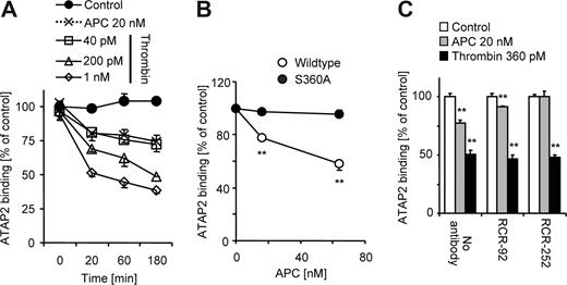 Figure 4. APC down-regulates ATAP2 binding dependent on proteolytic activity and EPCR binding. (A) ATAP2 binding was quantified by ELISA after incubation with the indicated agonists in time course experiments. (B) Cells were incubated for 3 hours with the indicated concentrations of recombinant wild-type APC or proteolytically inactive APC S360A and ATAP2 binding was quantified. (C) Cells were preincubated (10 minutes) in the absence and presence of nonblocking (RCR-92) or blocking (RCR-252) anti-EPCR (25 μg/mL) followed by 3 hours of incubation with the indicated agonists and quantification of ATAP2 binding. Means plus or minus SEM are shown (n = 6 in panels A,C; n = 9 in panel B. **P < .005).