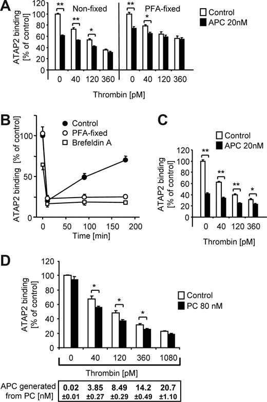Figure 5. Both exogenous and endogenously generated APC support additional PAR1 cleavage in the presence of thrombin. (A) Nonfixed or PFA-fixed cells were incubated for 3 hours with different concentrations of thrombin in the absence or presence of APC as indicated, followed by analysis of ATAP2 binding. (B) Cells were incubated with 20 nM thrombin for 10 minutes followed by quenching of the protease with 50 nM hirudin. Recovery of ATAP2 binding upon incubation at 37°C over 3 hours is plotted. Where indicated, the cells were PFA-fixed or pretreated with brefeldin A (1 μM, 10 minutes) before the addition of thrombin. A representative experiment (of 3) is shown. (C) Brefeldin A–treated cells were incubated for 3 hours as indicated followed by analysis of ATAP2 binding. (D) Nonfixed cells were incubated with the indicated concentrations of thrombin in the absence or presence of 80 nM PC. After 3 hours the APC concentration in the conditioned medium was determined by chromogenic assay and ATAP2 binding was analyzed. Means plus or minus SEM are shown (n = 9 in panels A,C,D. *P < .05, **P < .005).