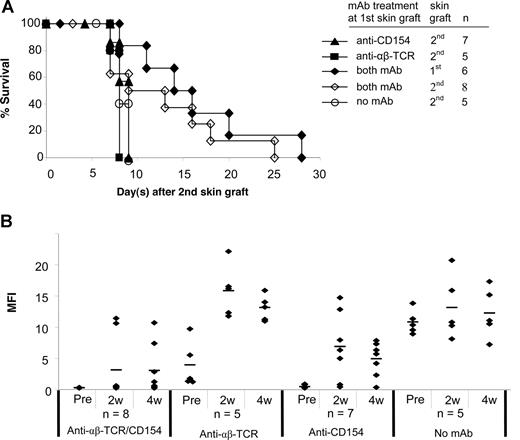 Figure 4. Second skin graft survival and donor-specific antibody generation after the second skin grafting. (A) At 5 to 7 weeks after the first skin graft, a second skin graft was transplanted onto experimental B6 mice treated with anti-CD154, anti-αβ TCR, and/or both mAbs at the time of the first skin grafting. Mice without mAb treatment at the first skin graft served as controls. In mice treated with both mAbs, 6 of 8 mice had the first skin graft intact when the second skin graft was performed. Survival reflects days after placement of second skin grafts. (B) Sera were collected at weeks 2 and 4 after second skin grafting and tested with FCXM assay. The sera collected before second skin grafting served as controls. ♦ represents an individual sample, and the short bar represents the average for each group. Pre indicates pretreatment.