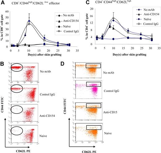 Figure 6. Memory T-cell development. B6 mice treated with anti-CD154 mAb (days 0, 3) were given transplants of BALB/c skin grafts (day 0). Naive, non-Ab–treated, and control hamster IgG–treated B6 mice served as controls. Recipient peripheral blood was collected at selected time points up to 30 days after skin grafting and stained with anti-CD44–FITC, anti-CD62L–PE, anti-CD4–PerCP, and anti-CD8–APC mAbs. n = 8 mice per group. (A) The kinetics of percentage of effector CD8+ T cells was analyzed (percentage CD44high/CD62Llow/− cells in the CD8+ population). Data are presented as averages plus or minus SD. (B) A representative flow cytometry dot plot of each group for CD8+/CD44high/CD62Llow/− effector cells at day 10 after skin grafting. (C) The kinetics of percentage of CD44high/CD62Lhigh (central memory T-cell phenotype) in the CD4+ population. Data are presented as averages plus or minus SD. (D) A representative flow cytometry dot plot from each group for CD4+/CD44high/CD62Lhigh cells at day 10 after skin grafting. Results are representative of 3 experiments.
