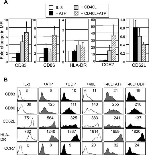 Figure 3. Surface activation marker expression of PDCs after exposure to extracellular nucleotides. PDCs were cultured with IL-3 in the absence or presence of 250 μM ATP or UDP. Where indicated, 1 μg/mL CD40L trimers was added. After a culture period of 36 hours, surface expression of CD83, CD86, HLA-DR, CCR7, and CD62L was assessed by flow cytometry. In the upper panel, data are expressed as n-fold change of mean fluorescence intensity (MFI) with expression levels of IL-3–cultured PDCs normalized to 1. Means of x-fold changes (± SEM) of 4 to 6 different donors are shown. In the lower panel, histogram plots with MFI of PDCs from a representative donor are shown.