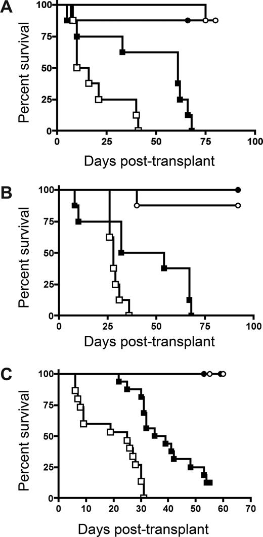 Figure 1. Donor T cells cause accelerated GVHD in IDO−/− versus wt recipients. (A) B6 or IDO−/− mice were lethally irradiated (9.0 Gy) and infused with 107 MHC-mismatched Balb/c non–T cell–depleted BM with or without 3 × 106 Balb/c CD4+ T cells. Survival plots of B6 versus IDO−/− recipients are shown. ● indicates BM→B6; ■, CD4+ T cells→B6; ○, BM→IDO−/−; □, CD4+ T cells→IDO−/− (P < .03). Data are from one experiment; n = 8 mice/group. (B) B6 or IDO−/− mice were lethally irradiated and given Balb/c TCD BM with or without 3 × 106 donor CD4+ and CD8+ T cells. Survival plots of B6 vs IDO−/− recipients are shown. ● indicates BM→B6; ■, CD4+ and CD8+ T cells→B6; ○, BM→IDO−/−; □, CD4+ and CD8+ T cells→IDO−/− (P < .04). Data are from one experiment; n = 8 mice/group. (C) Balb/c or IDO−/− mice were lethally irradiated (7.0 Gy) and infused with 107 B6 TCD BM with or without 2 × 106 CD4+ and CD8+ T cells. Survival plots of Balb/c versus IDO−/− recipients are shown. ● indicates BM→Balb/c; ■, CD4+ and CD8+ T cells→Balb/c; ○, BM→IDO−/−; □, CD4+ and CD8+ T cells→IDO−/−. Data are pooled from 2 experiments; n = 16 mice/group (P < .001).