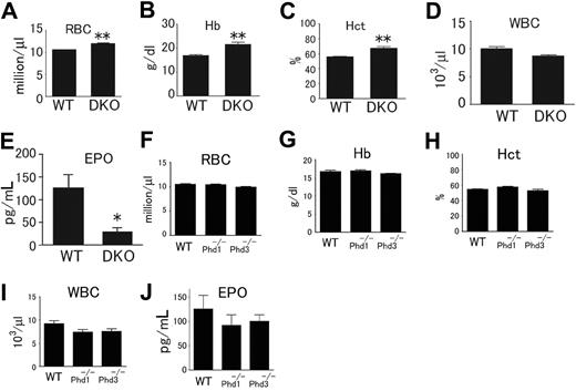 Figure 2. Hematologic parameters of peripheral blood from Phd1−/−, Phd3−/−, and Phd1/3 DKO mice. (A-E) Phd1/3 DKO and wild-type control mice. RBC indicates red blood cells; Hb, hemoglobin; Hct, hemtocrit; and WBC, white blood cells. n = 6. (E) ELISA for serum Epo levels. n = 4. **P < .01; *P < .05. (F-J) Normal blood properties in Phd1−/− or Phd3−/− mice. (A-I) Hematologic parameters of peripheral blood indicated in figures from wild-type (WT), Phd1−/−, or Phd3−/− mice. P > .05 for all pairs of comparisons. n = 6. (J) ELISA for serum Epo levels in WT, Phd1−/−, or Phd3−/− mice. n = 6. Error bars represent SEM.