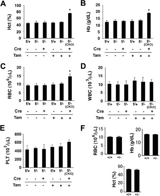 Figure 6. Normal hematologic parameters in mice heterozygous for Phd2 knockout. (A-E) Phd2 conditional knockout mice and controls. (A) Hematocrit values. (B) Hemoglobin concentrations. (C) Number of red blood cells. (D) White blood cells. (E) Platelets. Two weeks before tamoxifen administration, baseline measurements were performed (Tam, −). Measurements were taken again 2 weeks after tamoxifen administration (Tam, +). CreERT2 status is indicated as Cre − or +, representing absence or presence, respectively. Phd2f/− mice carrying CreERT2 and fed with tamoxifen are also designated as CKO, for conditional knockout. These are similar to Phd2 CKO mice used in other experiments except that one of the allele here was − before tamoxifen treatment; it was inherited as a germline mutation. For (A) to (E), n = 3 to 7; *P < .05. (F) Hematologic analysis of germline heterozygotes at more than 20 weeks of age. n = 5 to 6. Error bars represent SEM.