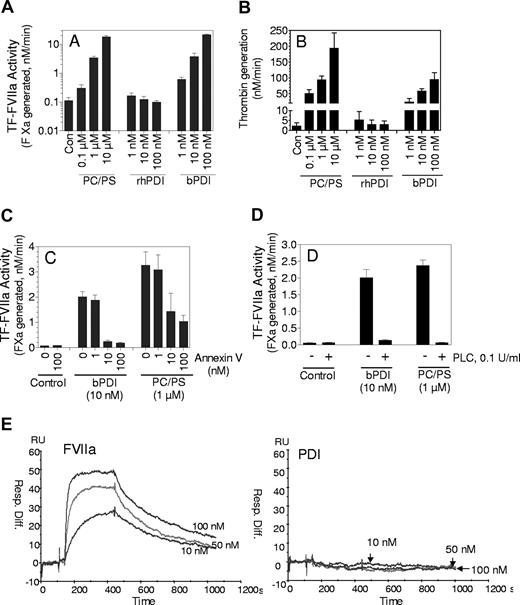 Figure 1. Evidence that traces of anionic phospholipids present in commercially obtained bovine PDI is responsible for increasing sTF activity. (A) Bovine PDI but not human rPDI enhances sTF activity. The reaction mixtures were in a buffer containing 10 mM Hepes, 0.15 M NaCl, 1 mg/mL BSA, and 5 mM CaCl2 and contained sTF (10 nM), FVIIa (10 nM), and various concentrations of bovine PDI, rhPDI (0 to 100 nM) or PC/PS (80%:20% wt/wt) vesicles (0 to 10 μM). TF-FVIIa activity was measured by adding the substrate, factor X (1 μM), and measuring the amount of factor Xa generated at the end of a 10-minute reaction period in a chromogenic assay (note: y-axis is in a log scale). (B). Bovine PDI enhances prothrombin activation. Factor Xa (0.1 nM) plus FVa (10 nM) were incubated for 5 minutes with a control buffer or various concentrations of bovine PDI, rhPDI, or PC/PS vesicles, and then prothrombin (1.4 μM) was added to initiate the reaction. At the end of a 2-minute reaction period, an aliquot was removed from the reaction mixture and the amount of thrombin formed was measured in a chromogenic assay. (C) Annexin V, a phospholipid binding protein, inhibits bovine PDI-mediated increased sTF activity. Bovine PDI (10 nM) or PC/PS vesicles (1 μM) was preincubated with various concentrations of annexin V for 30 minutes and then added to sTF (10 nM). TF activity was measured as described in panel A. (D). Treatment of bovine PDI with phospholipase C abolishes the enhancing effect of bovine PDI on sTF activity. Bovine PDI (10 nM) or PC/PS vesicles (1 μM) were treated with phospholipase C (0.1 U/mL) for 15 minutes before they were added to sTF. TF activity was measured as in panel A. The data shown in panels A to D represent means plus or minus SEM (n = 3-5). (E) PDI fails to bind to sTF. A CM5 sensor chip was coated with sTF and the chip was equilibrated overnight with the buffer at a flow rate of 5 μL/min. various concentrations of FVIIa or bovine PDI (10, 50, 100 nM) were passed over the sensor chip for 5 minutes (association time), followed by 10 minutes dissociation period at a flow rate of 30 μL//min. Regeneration was performed with a 3-minute pulse of 10 mM EDTA in Hepes buffer. Similar to the data shown in Figure 1E, no binding was observed between rhPDI and sTF.